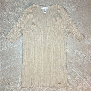 Calvin Klein Beige Ribbed Short Sleeve Fitted Top